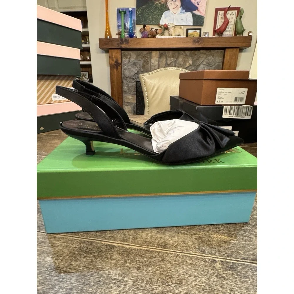 Kate Spade‎ New York BLACK GLITTER Women's Dahlia Kitten Heels Size 8 Satin